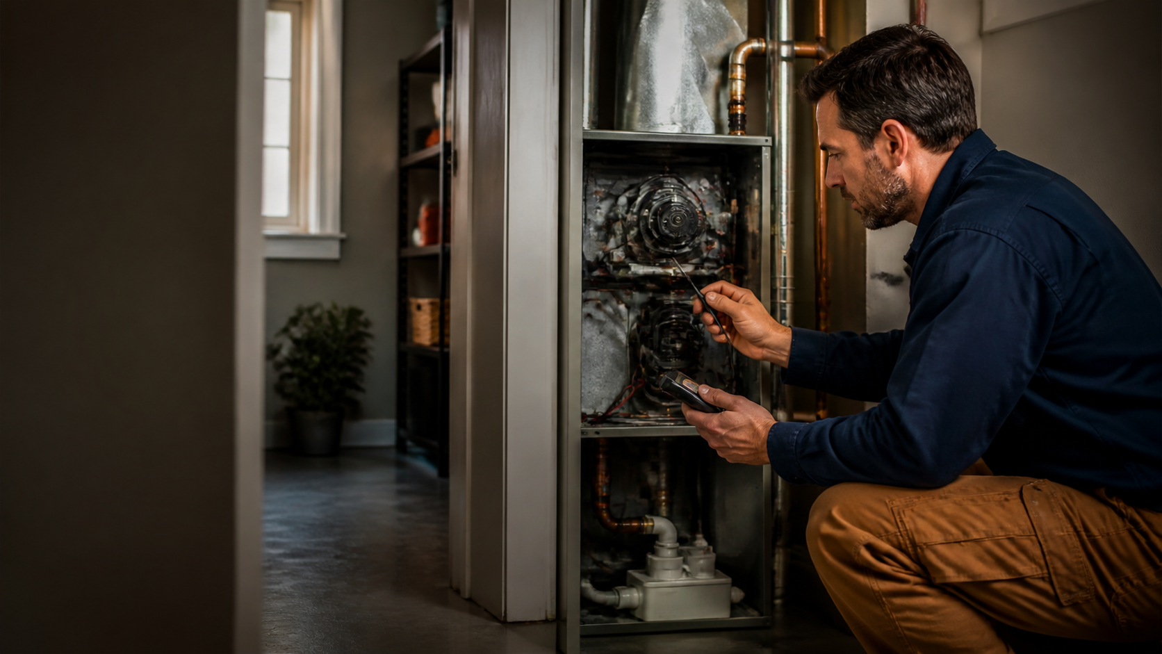 Technician diagnosing a furnace