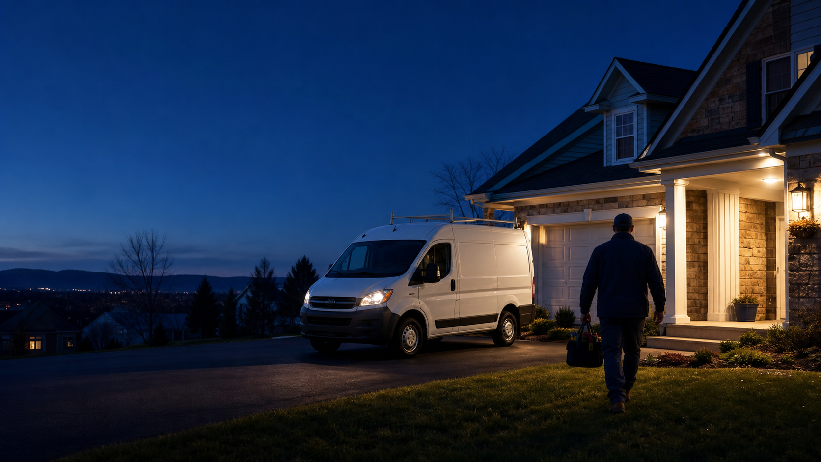 HVAC service van arriving at a home